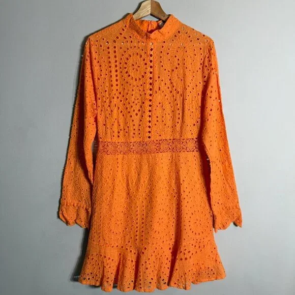Lioness Eyelet Cutout High Neck Mini Dress Women's XL Orange Lace Party Cocktail - Picture 6 of 16